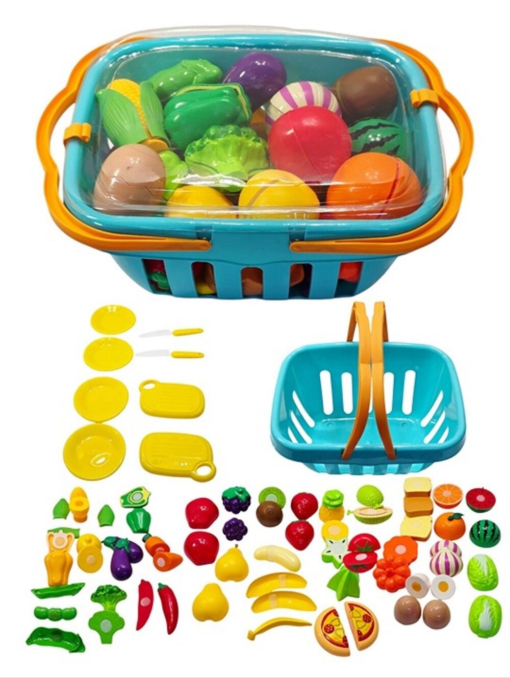 Pretend Play Kitchen Toy Set Cutting Fruits & Veggies w/ Basket, Toy food